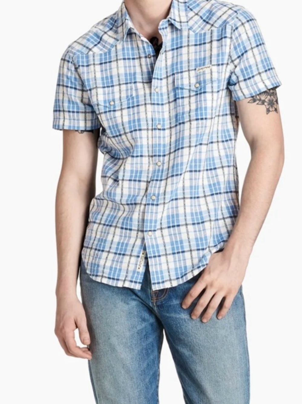 Lucky Brand Western Pearl Snap Button Front Short Sleeve Men’s XXL Blue Plaid